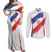 Custom France Foorball Couples Matching Off Shoulder Maxi Dress and Long Sleeve Button Shirt Les Bleus Tricolor Brush Style - Wonder Print Shop