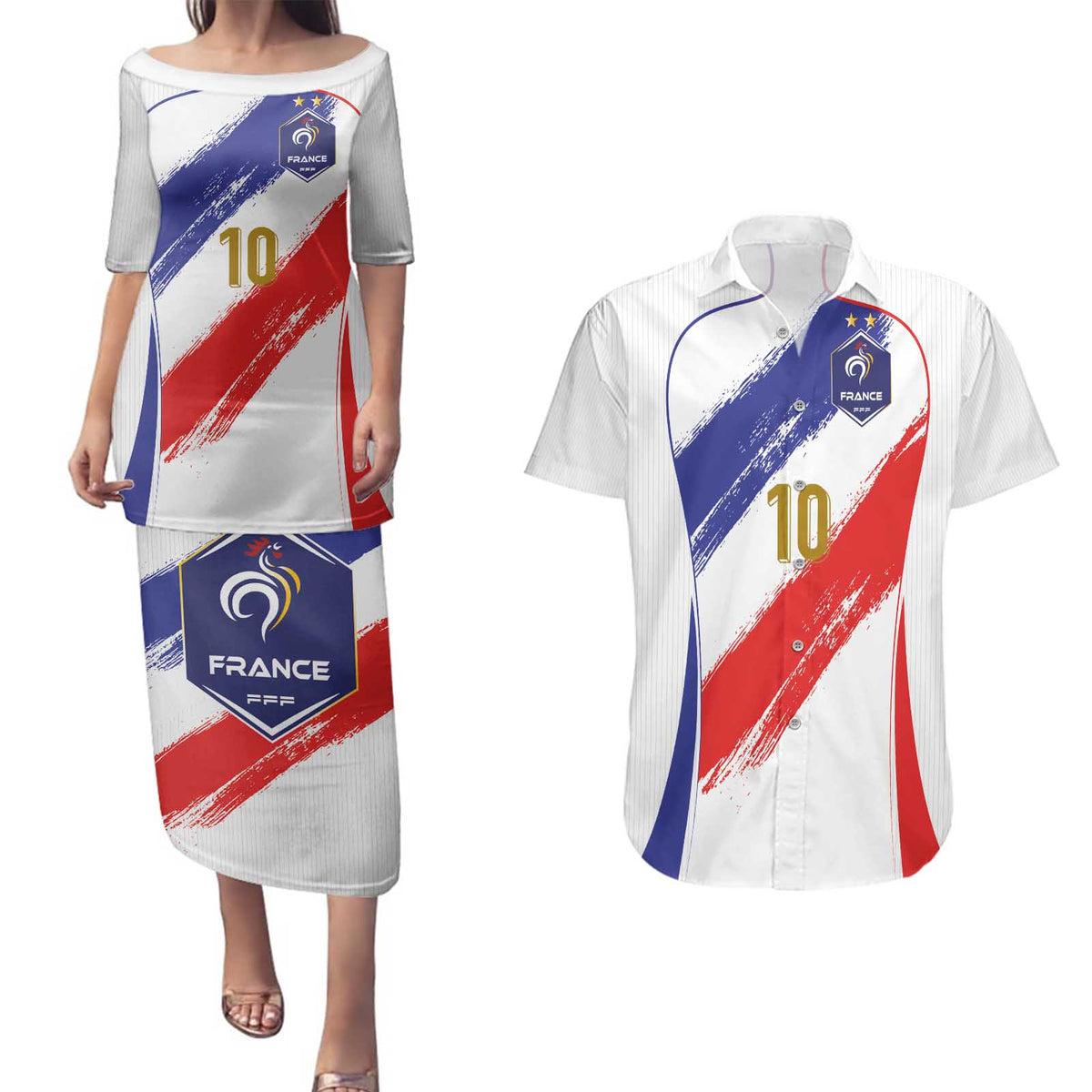 Custom France Foorball Couples Matching Puletasi and Hawaiian Shirt Les Bleus Tricolor Brush Style - Wonder Print Shop