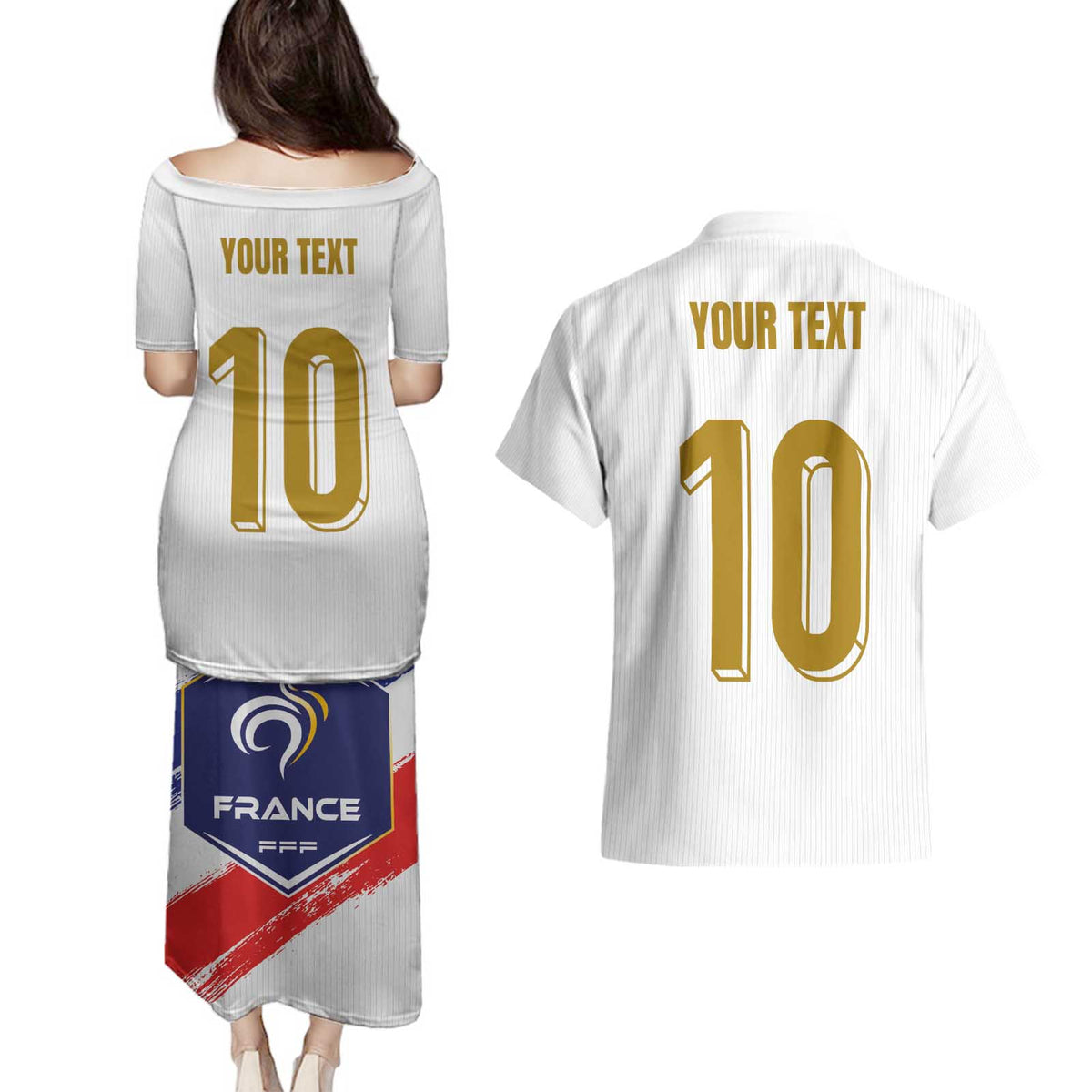 Custom France Foorball Couples Matching Puletasi and Hawaiian Shirt Les Bleus Tricolor Brush Style - Wonder Print Shop