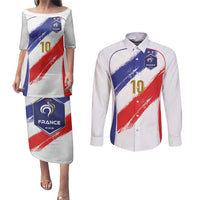 Custom France Foorball Couples Matching Puletasi and Long Sleeve Button Shirt Les Bleus Tricolor Brush Style - Wonder Print Shop