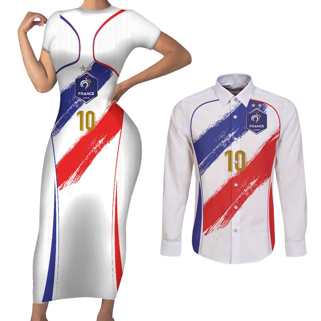 Custom France Foorball Couples Matching Short Sleeve Bodycon Dress and Long Sleeve Button Shirt Les Bleus Tricolor Brush Style - Wonder Print Shop