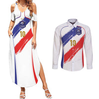 Custom France Foorball Couples Matching Summer Maxi Dress and Long Sleeve Button Shirt Les Bleus Tricolor Brush Style - Wonder Print Shop