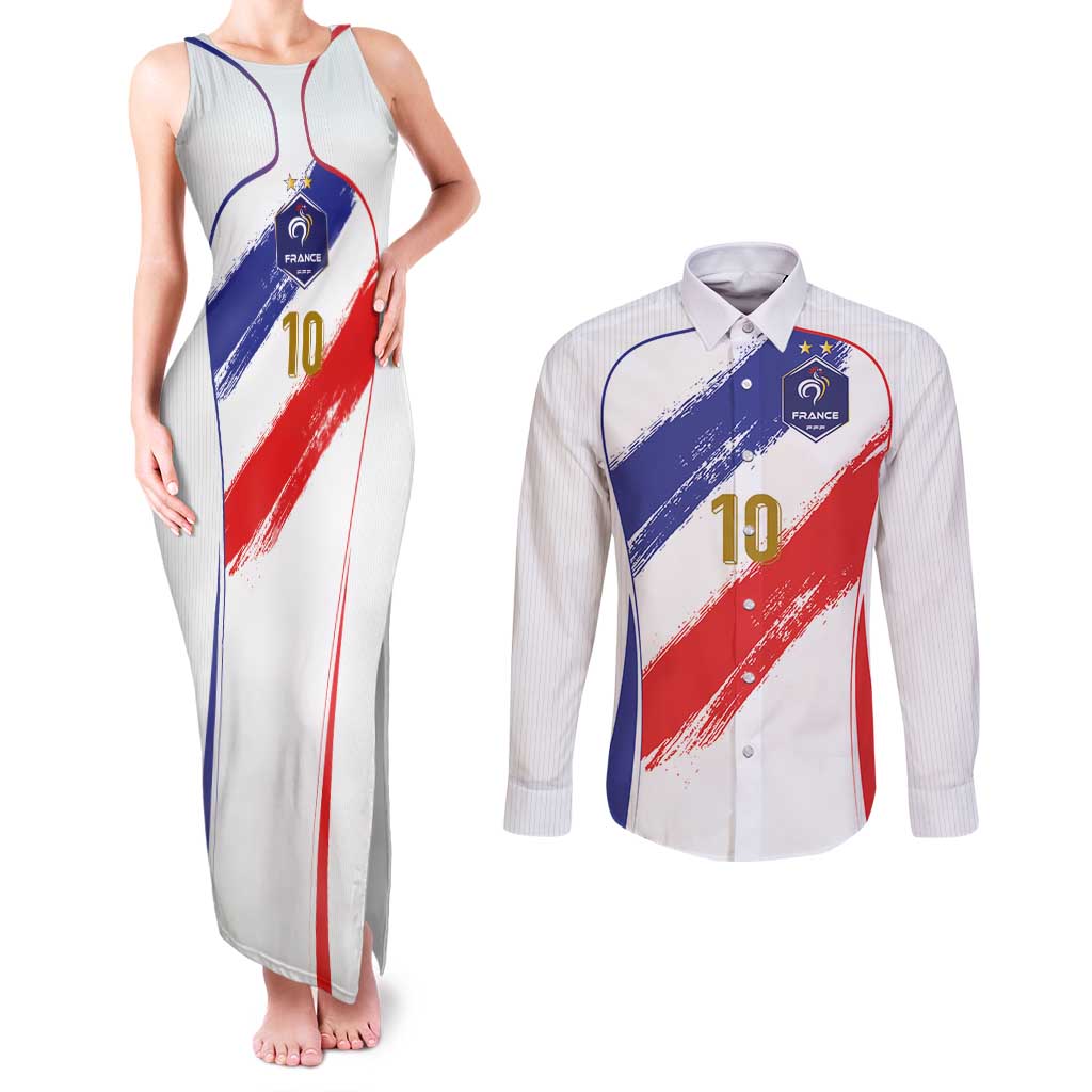 Custom France Foorball Couples Matching Tank Maxi Dress and Long Sleeve Button Shirt Les Bleus Tricolor Brush Style - Wonder Print Shop
