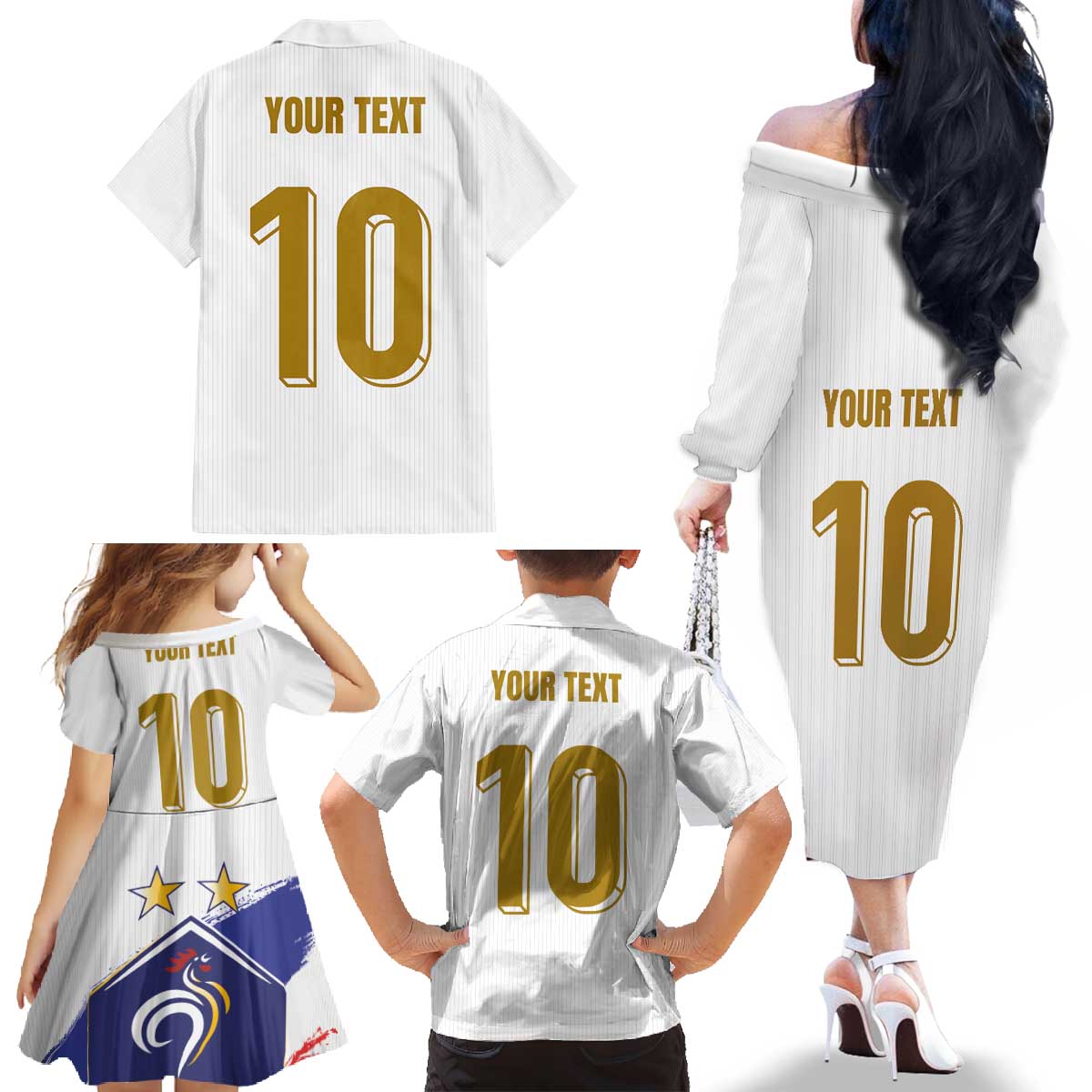 Custom France Foorball Family Matching Off The Shoulder Long Sleeve Dress and Hawaiian Shirt Les Bleus Tricolor Brush Style - Wonder Print Shop