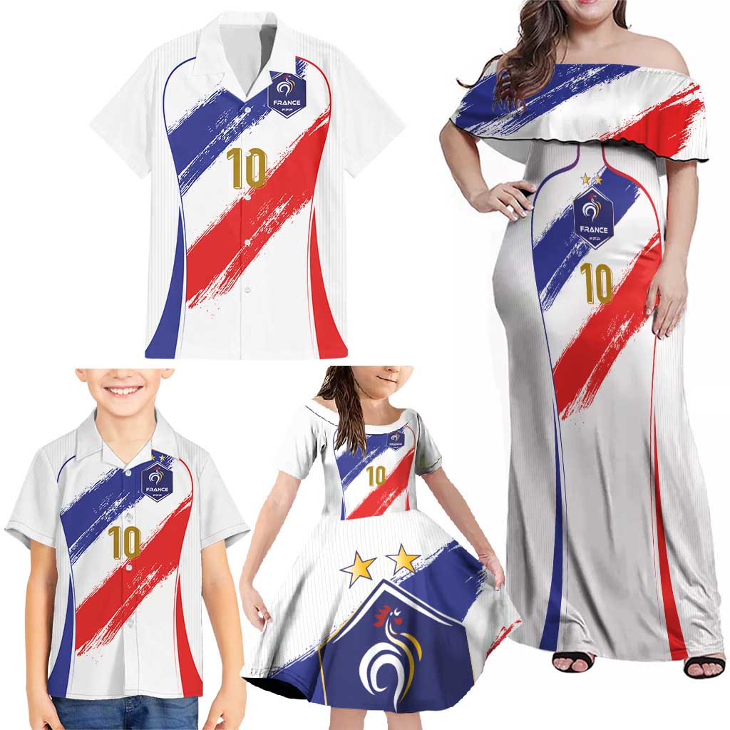 Custom France Foorball Family Matching Off Shoulder Maxi Dress and Hawaiian Shirt Les Bleus Tricolor Brush Style - Wonder Print Shop