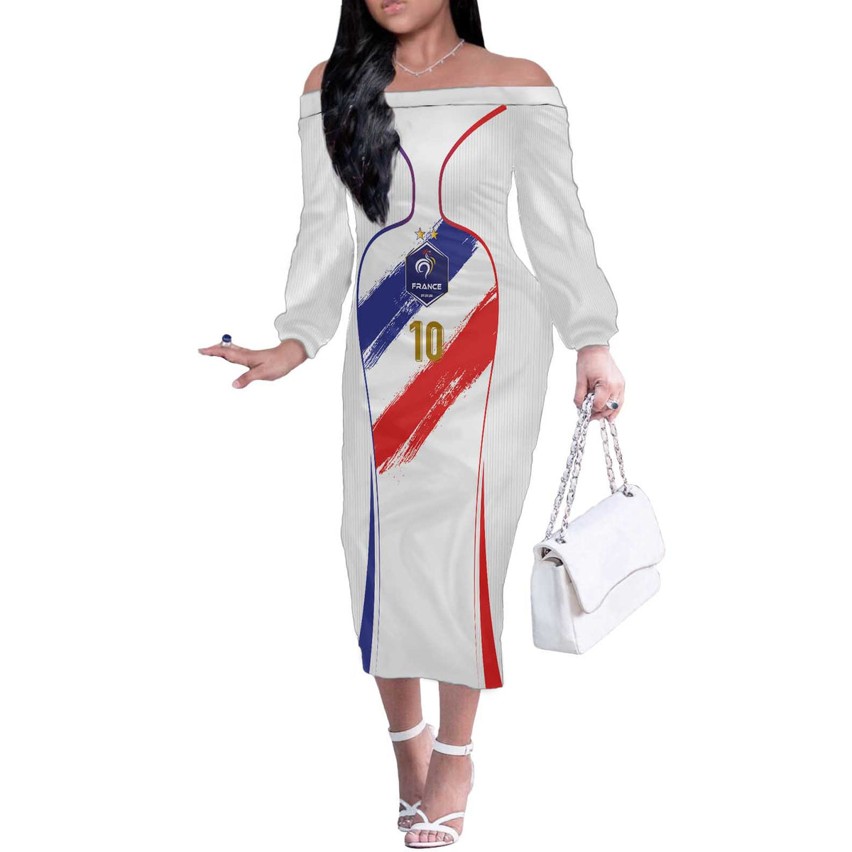 Custom France Foorball Off The Shoulder Long Sleeve Dress Les Bleus Tricolor Brush Style - Wonder Print Shop
