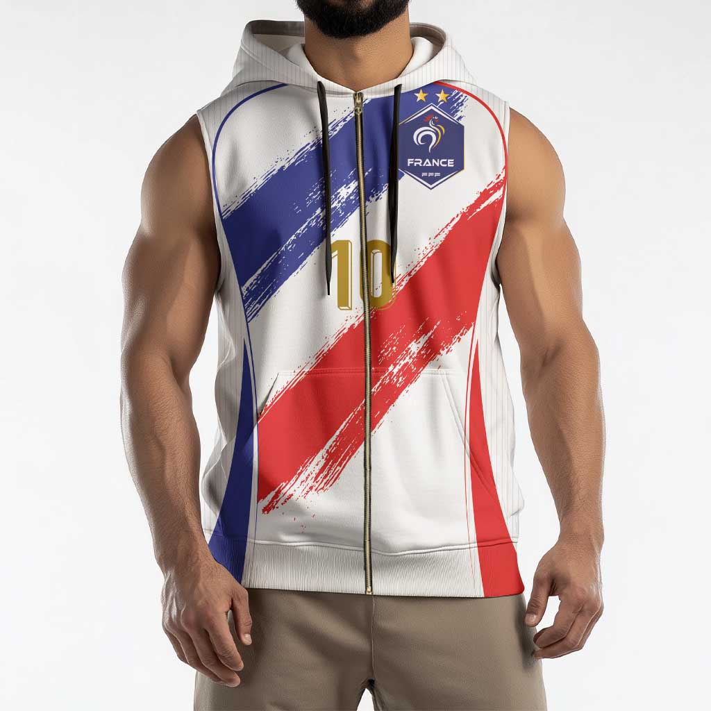 Custom France Foorball Sleeveless Zip Hoodie Les Bleus Tricolor Brush Style - Wonder Print Shop