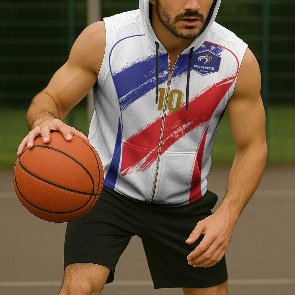 Custom France Foorball Sleeveless Zip Hoodie Les Bleus Tricolor Brush Style - Wonder Print Shop