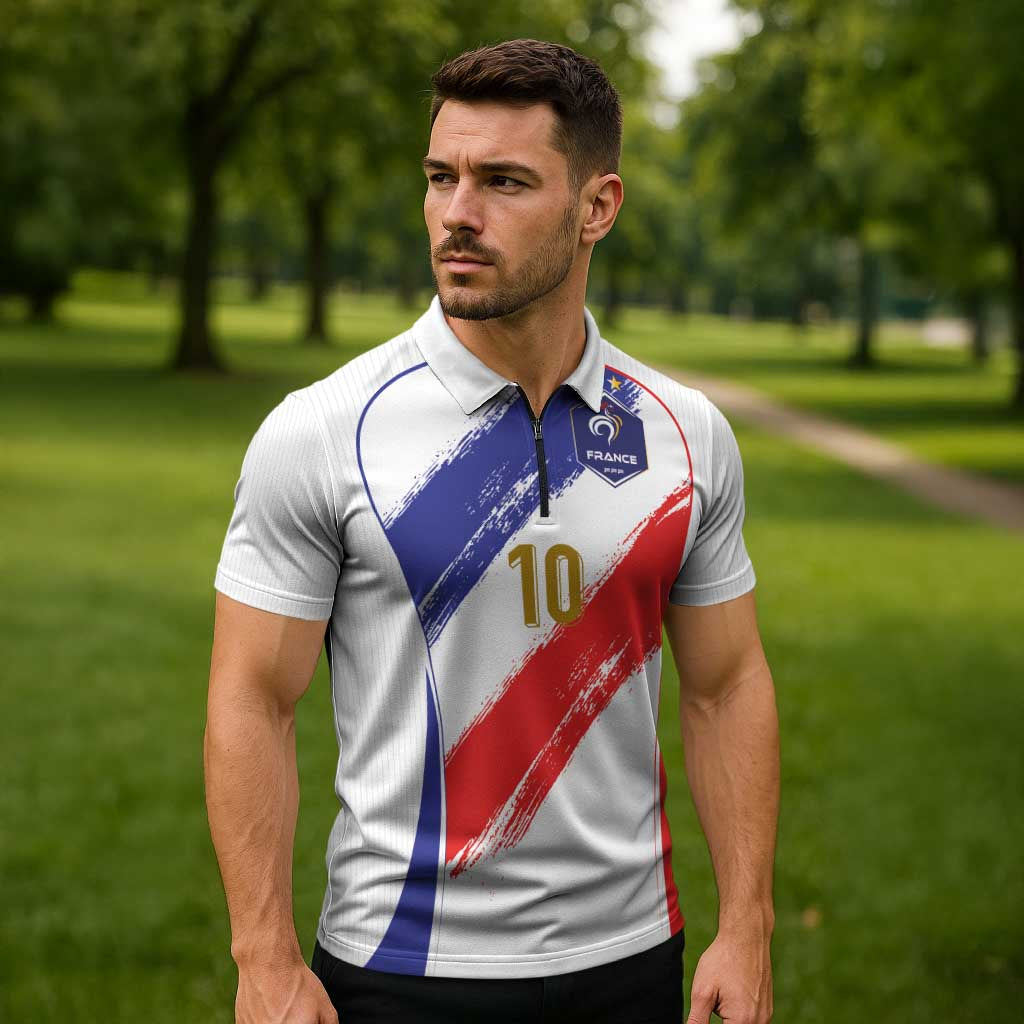 Custom France Foorball Zipper Polo Shirt Les Bleus Tricolor Brush Style - Wonder Print Shop