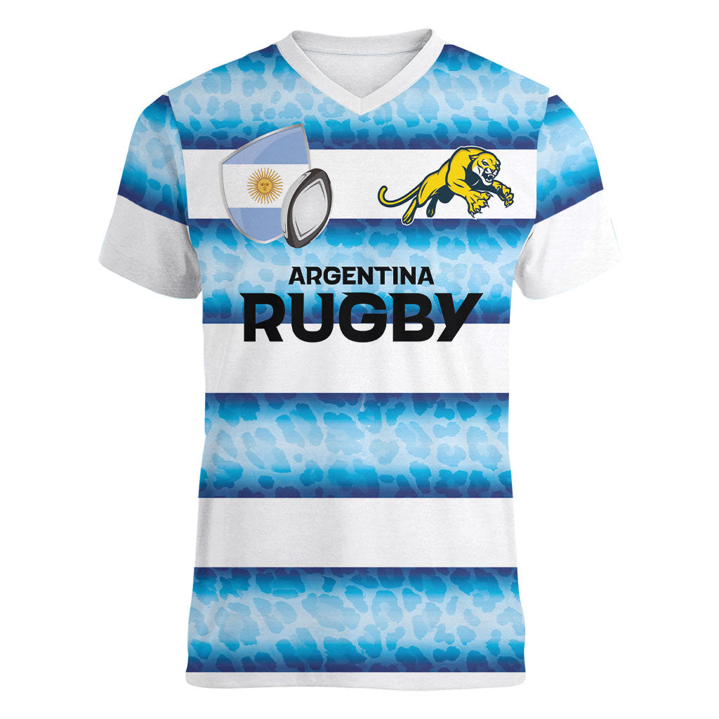 Argentina Rugby Custom Women V-Neck T-Shirt Pumas Stripes Style