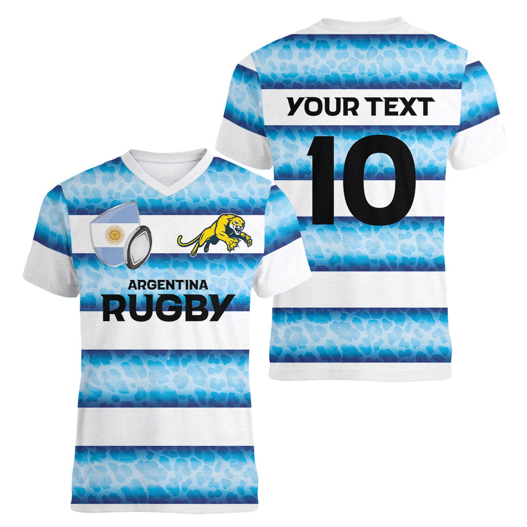 Argentina Rugby Custom Women V-Neck T-Shirt Pumas Stripes Style