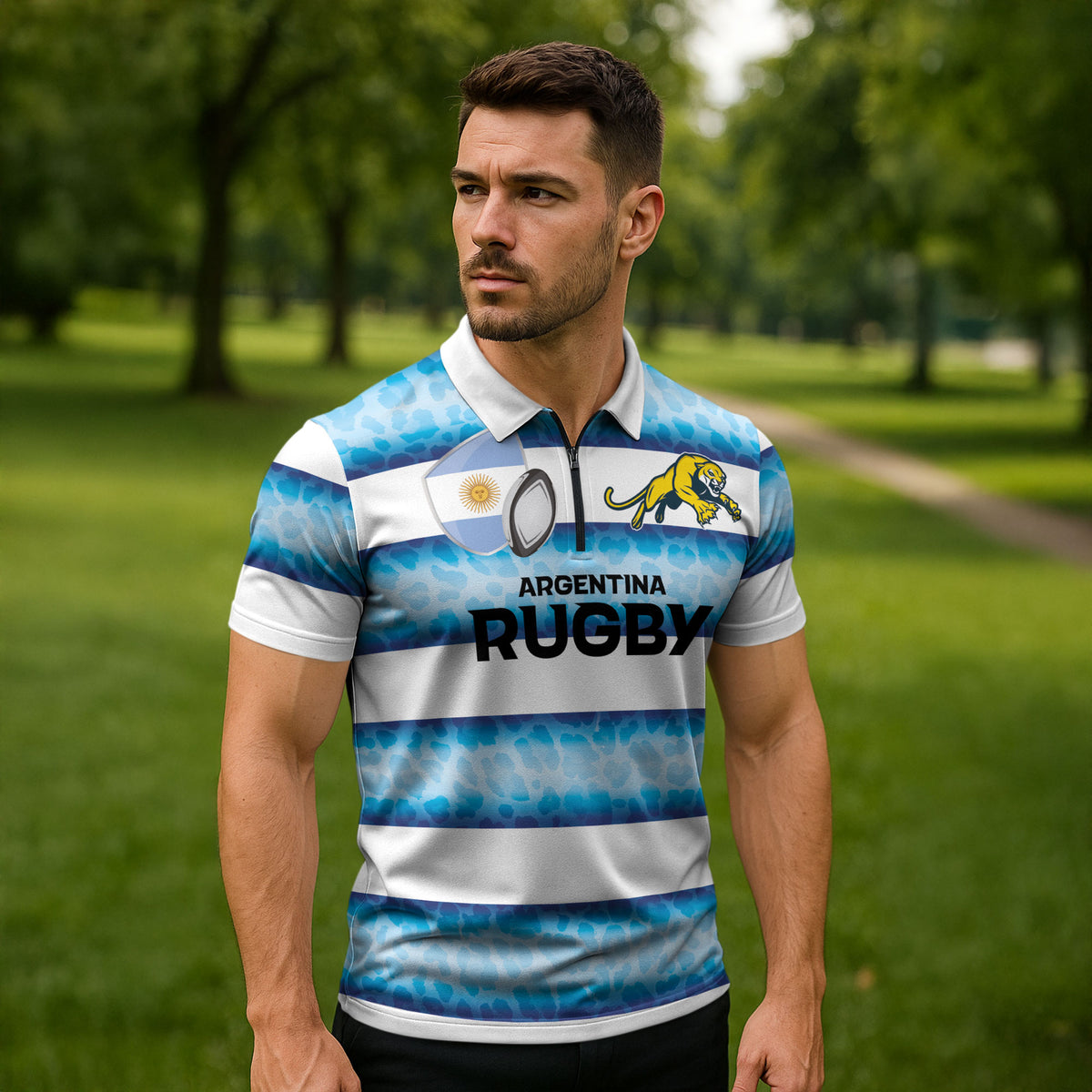 Argentina Rugby Custom Zipper Polo Shirt Pumas Stripes Style
