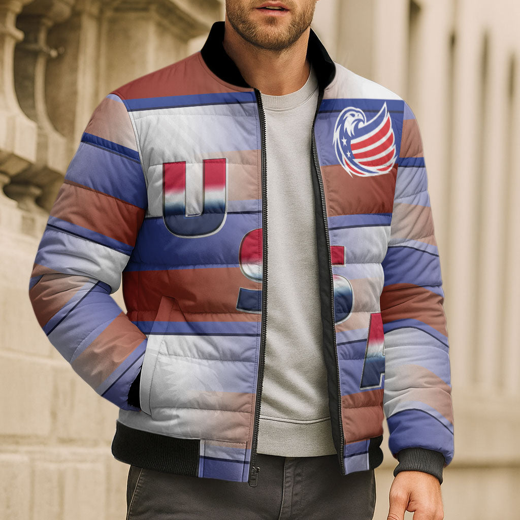 America Rugby Custom Bomber Puffer Jacket USA Falcons Stripes Style