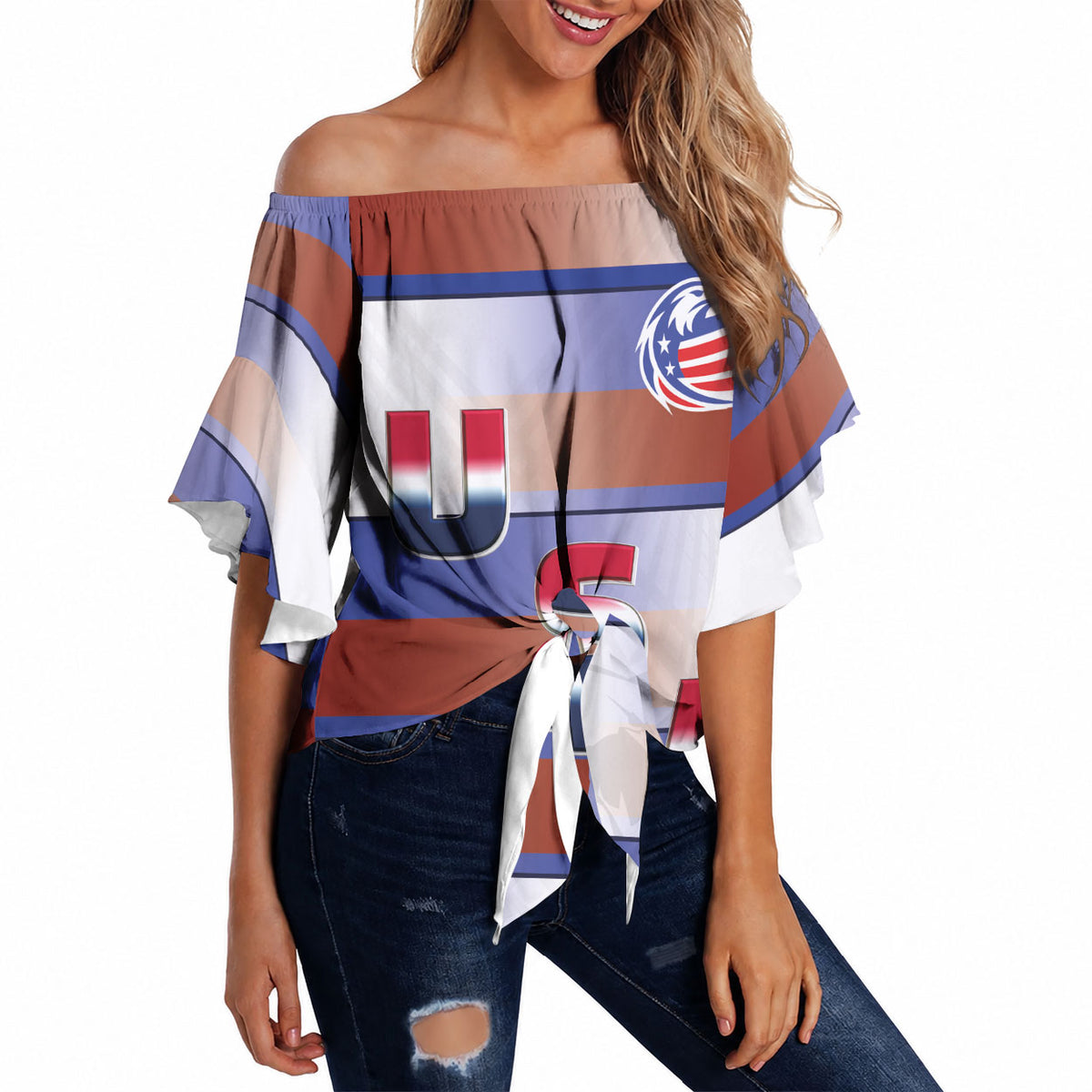 America Rugby Custom Off Shoulder Wrap Waist Top USA Falcons Stripes Style