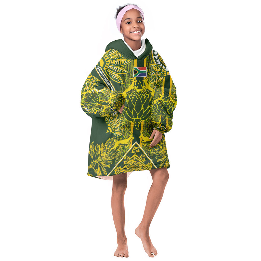 South Africa Rugby Custom Kid Wearable Blanket Hoodie Springbok with King Protea Inspired by African Heritage