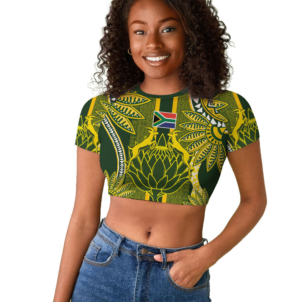 South Africa Rugby Custom Raglan Cropped T shirt Springbok with King Protea Inspired by African Heritage
