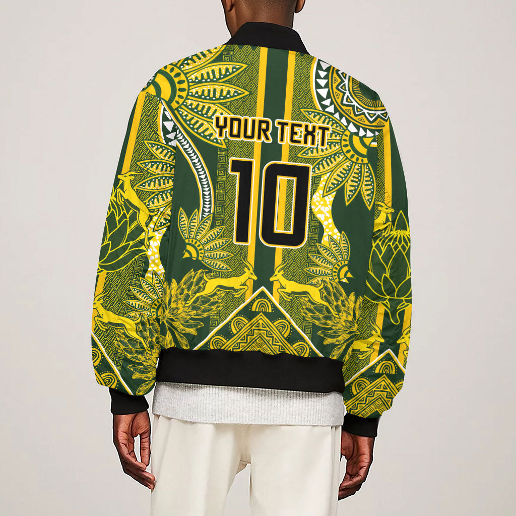 South Africa Rugby Custom Sleeve Zip Bomber Jacket Springbok with King Protea Inspired by African Heritage