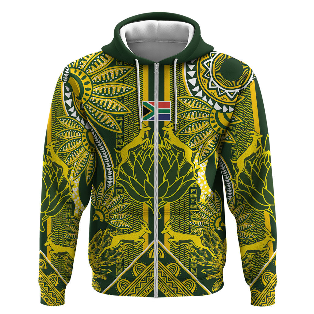 South Africa Rugby Custom Zip Hoodie Springbok with King Protea Inspired by African Heritage