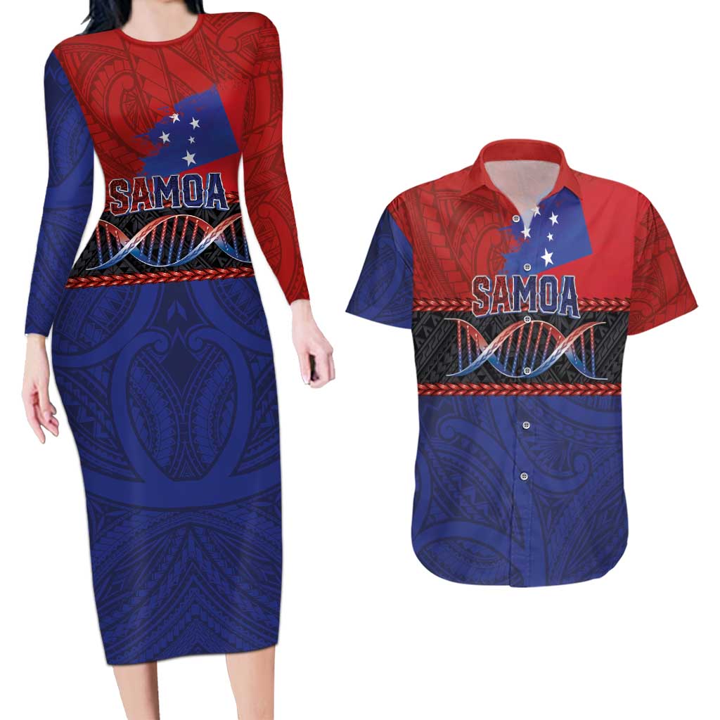 Personalised Samoan DNA-Proud of Samoa Couples Matching Long Sleeve Bodycon Dress and Hawaiian Shirt Polynesian Patterns - Wonder Print Shop