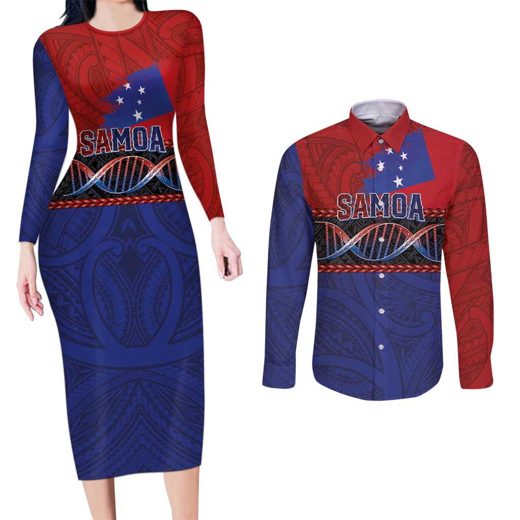 Personalised Samoan DNA-Proud of Samoa Couples Matching Long Sleeve Bodycon Dress and Long Sleeve Button Shirt Polynesian Patterns - Wonder Print Shop