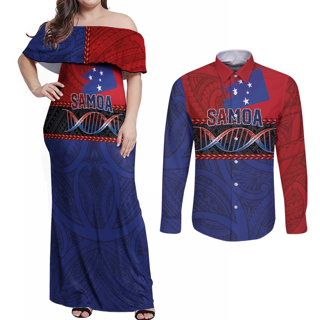 Personalised Samoan DNA-Proud of Samoa Couples Matching Off Shoulder Maxi Dress and Long Sleeve Button Shirt Polynesian Patterns - Wonder Print Shop