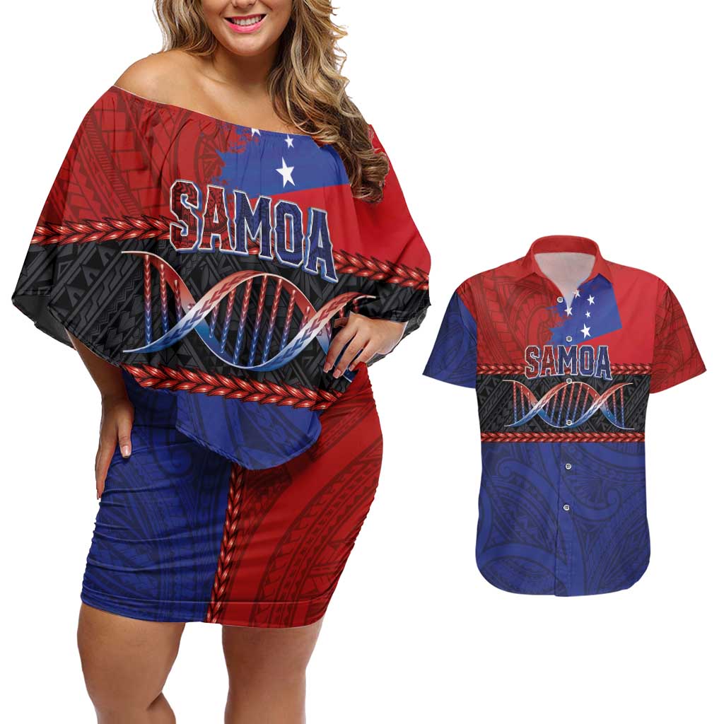 Personalised Samoan DNA-Proud of Samoa Couples Matching Off Shoulder Short Dress and Hawaiian Shirt Polynesian Patterns - Wonder Print Shop