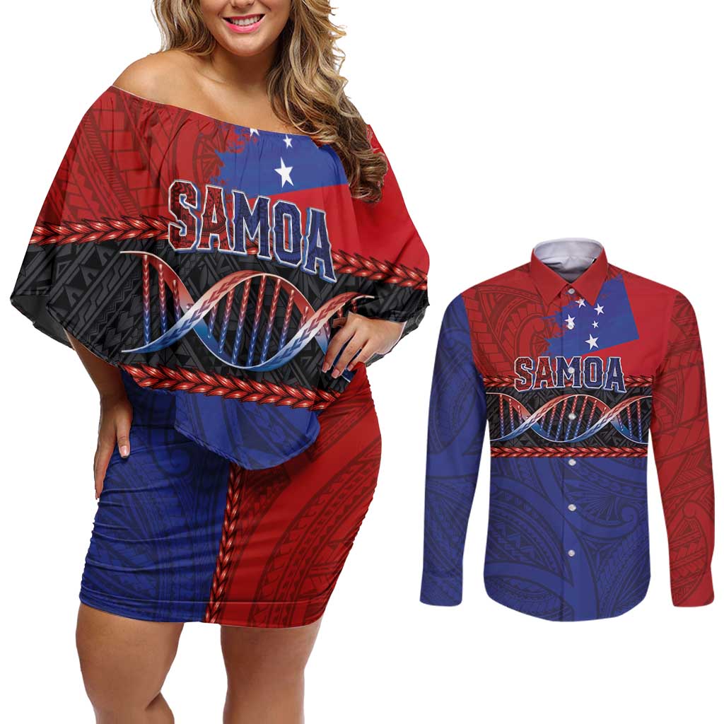 Personalised Samoan DNA-Proud of Samoa Couples Matching Off Shoulder Short Dress and Long Sleeve Button Shirt Polynesian Patterns - Wonder Print Shop