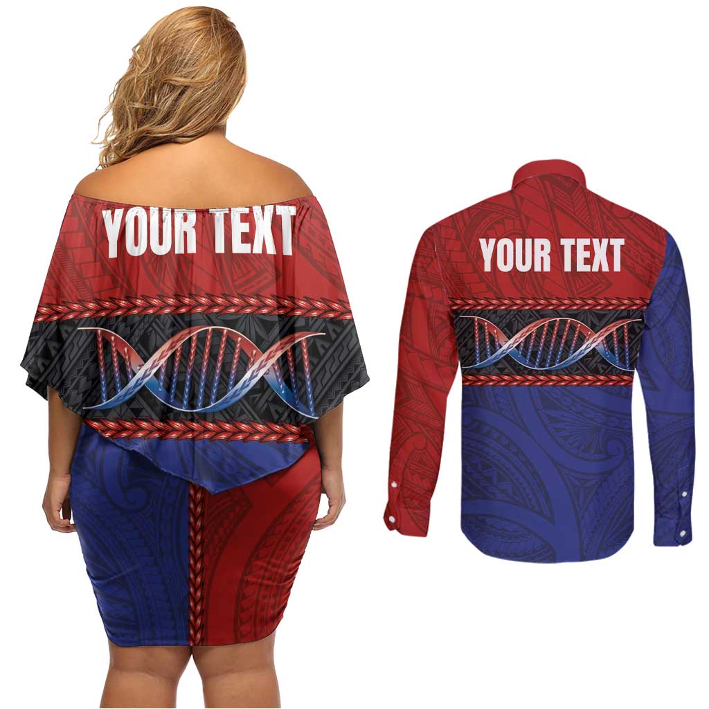 Personalised Samoan DNA-Proud of Samoa Couples Matching Off Shoulder Short Dress and Long Sleeve Button Shirt Polynesian Patterns - Wonder Print Shop