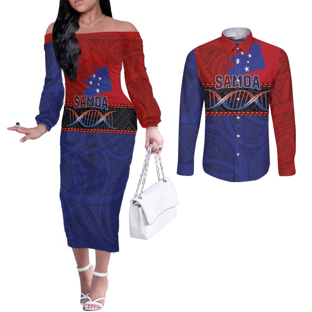 Personalised Samoan DNA-Proud of Samoa Couples Matching Off The Shoulder Long Sleeve Dress and Long Sleeve Button Shirt Polynesian Patterns - Wonder Print Shop
