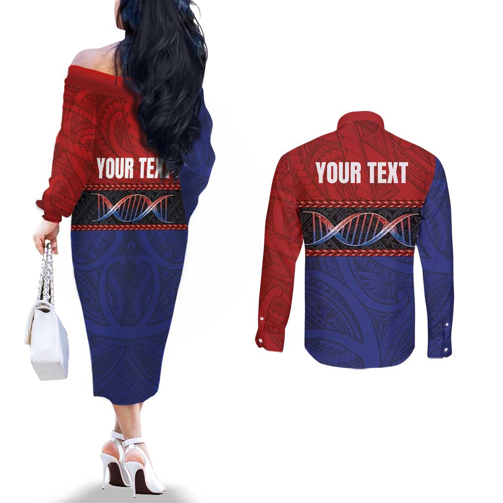Personalised Samoan DNA-Proud of Samoa Couples Matching Off The Shoulder Long Sleeve Dress and Long Sleeve Button Shirt Polynesian Patterns - Wonder Print Shop
