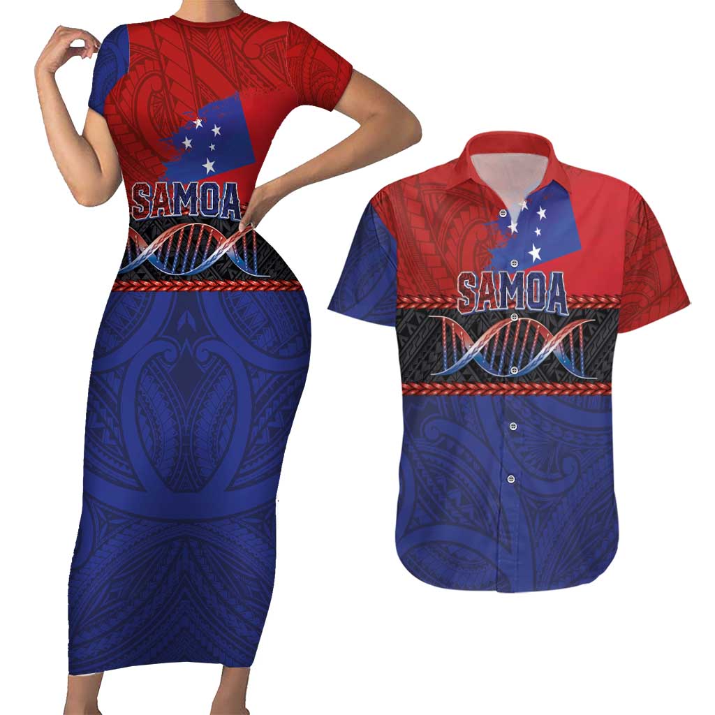 Personalised Samoan DNA-Proud of Samoa Couples Matching Short Sleeve Bodycon Dress and Hawaiian Shirt Polynesian Patterns - Wonder Print Shop