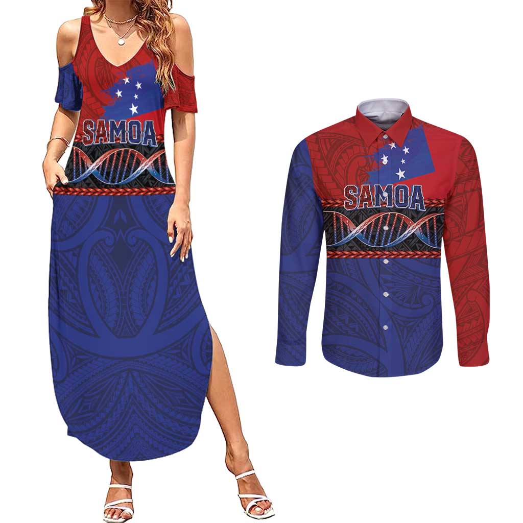 Personalised Samoan DNA-Proud of Samoa Couples Matching Summer Maxi Dress and Long Sleeve Button Shirt Polynesian Patterns - Wonder Print Shop