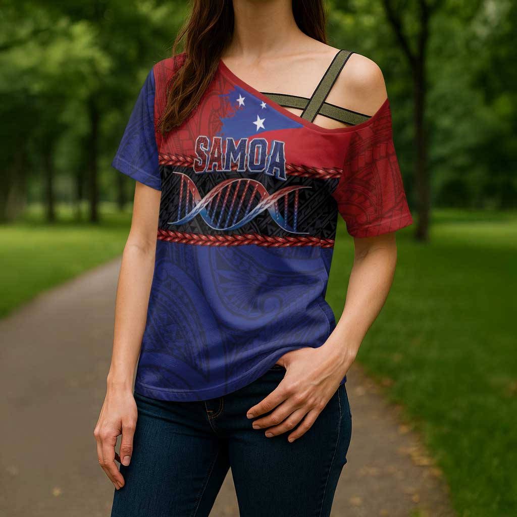 Personalised Samoan DNA-Proud of Samoa Cross Shoulder Shirt Polynesian Patterns - Wonder Print Shop