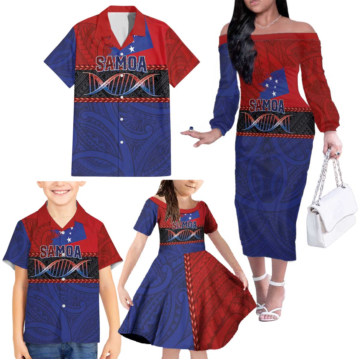 Personalised Samoan DNA-Proud of Samoa Family Matching Off The Shoulder Long Sleeve Dress and Hawaiian Shirt Polynesian Patterns - Wonder Print Shop