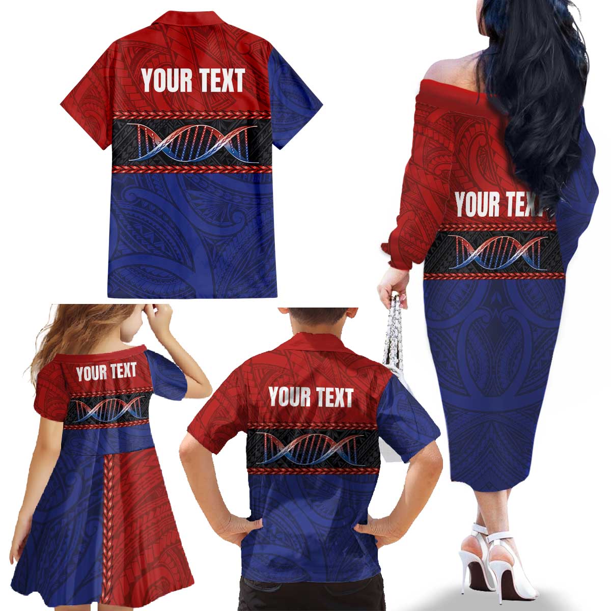 Personalised Samoan DNA-Proud of Samoa Family Matching Off The Shoulder Long Sleeve Dress and Hawaiian Shirt Polynesian Patterns - Wonder Print Shop