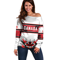 Canada Ice Hockey Custom Off Shoulder Sweater Maple Leaves Sporty Geometric Style