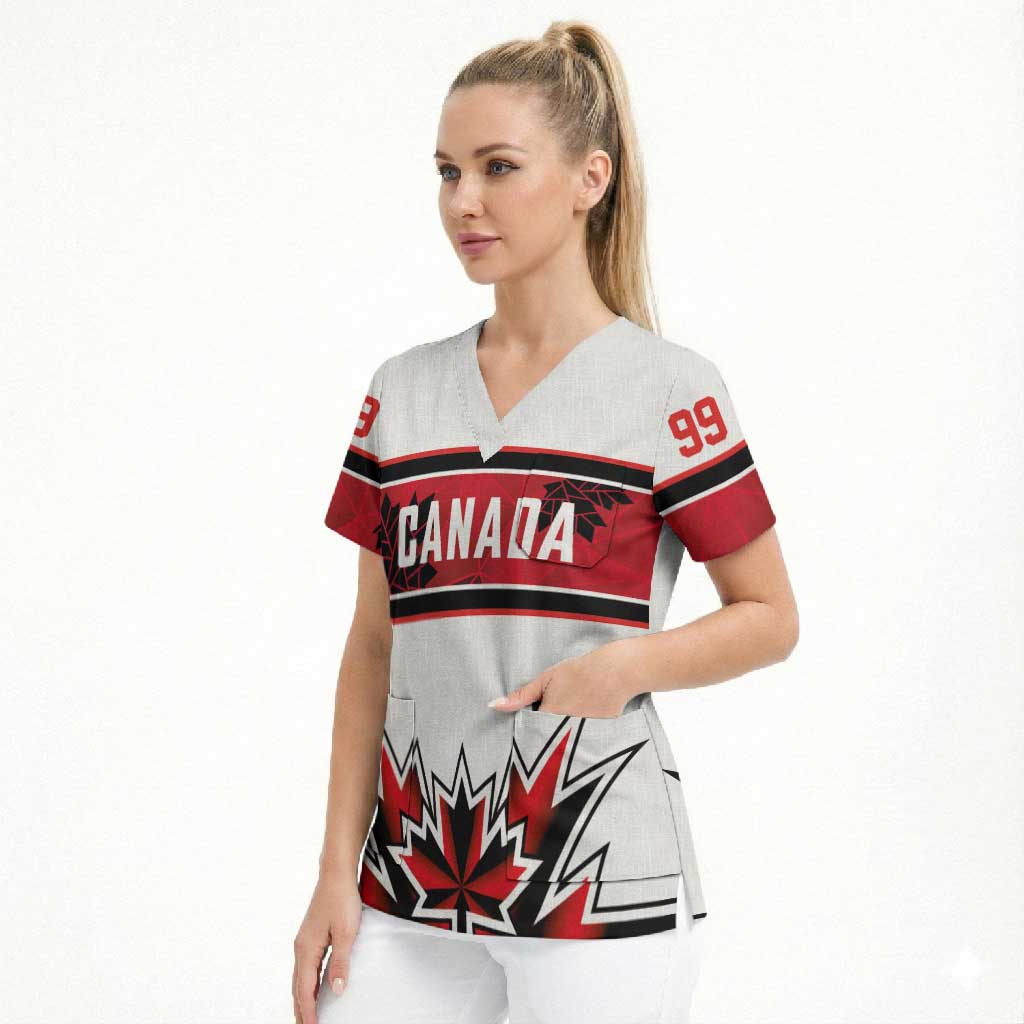 Canada Ice Hockey Custom Scrub Top Maple Leaves Sporty Geometric Style