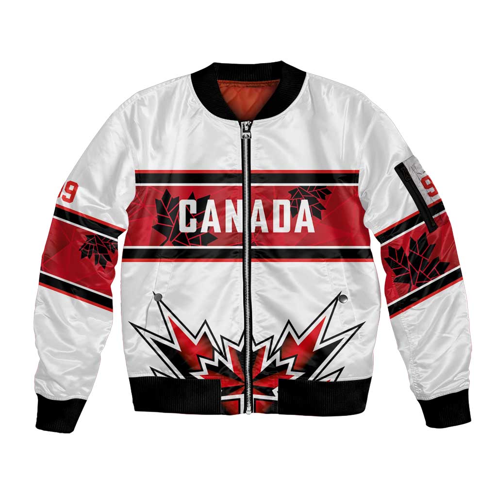 Canada Ice Hockey Custom Sleeve Zip Bomber Jacket Maple Leaves Sporty Geometric Style