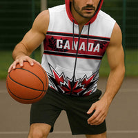 Canada Ice Hockey Custom Sleeveless Zip Hoodie Maple Leaves Sporty Geometric Style