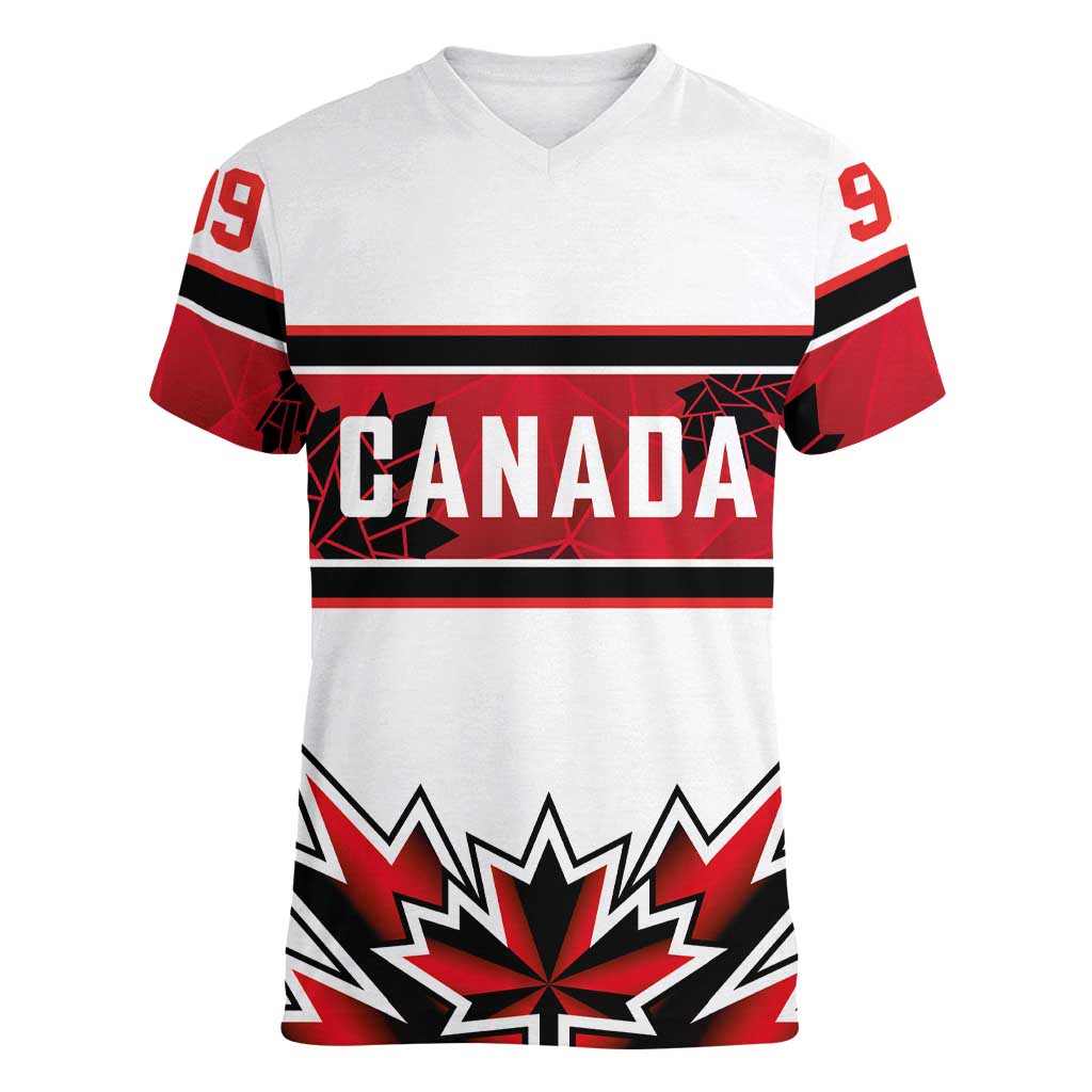 Canada Ice Hockey Custom Women V-Neck T-Shirt Maple Leaves Sporty Geometric Style