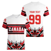 Canada Ice Hockey Custom Women V-Neck T-Shirt Maple Leaves Sporty Geometric Style