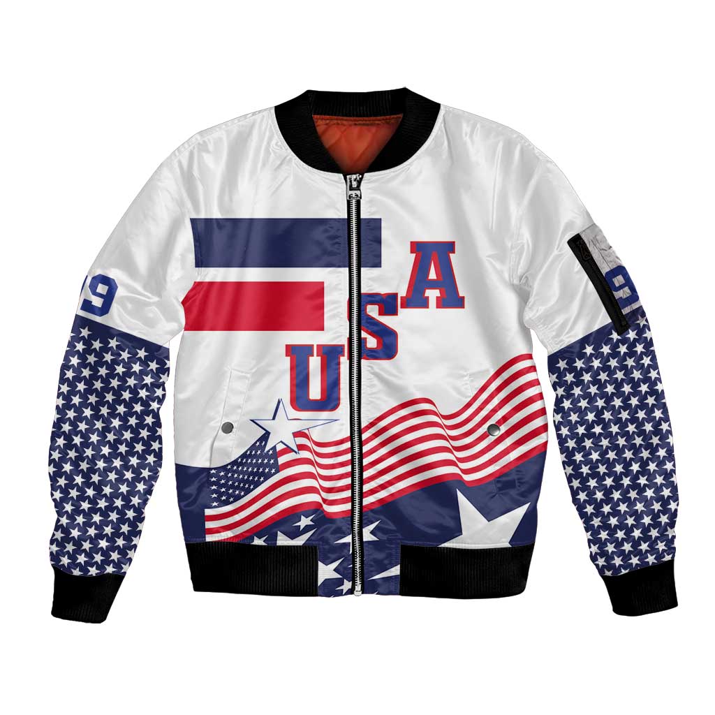 USA Ice Hockey Custom Sleeve Zip Bomber Jacket Flag Sporty Style
