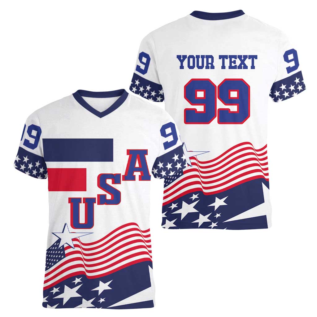 USA Ice Hockey Custom Women V-Neck T-Shirt Flag Sporty Style