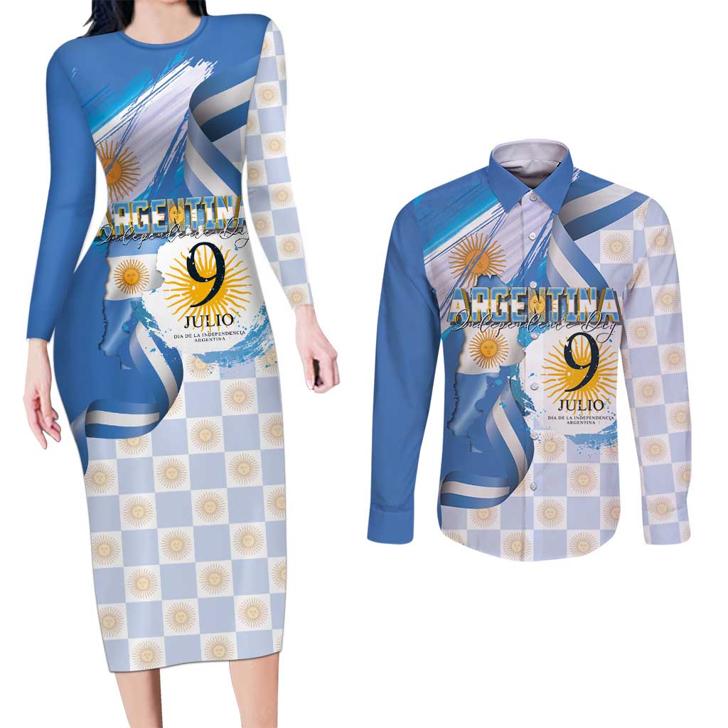 Argentina Independence Day Couples Matching Long Sleeve Bodycon Dress and Long Sleeve Button Shirt - Día de la Independencia Brush and Grunge Style