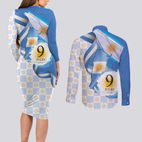 Argentina Independence Day Couples Matching Long Sleeve Bodycon Dress and Long Sleeve Button Shirt - Día de la Independencia Brush and Grunge Style