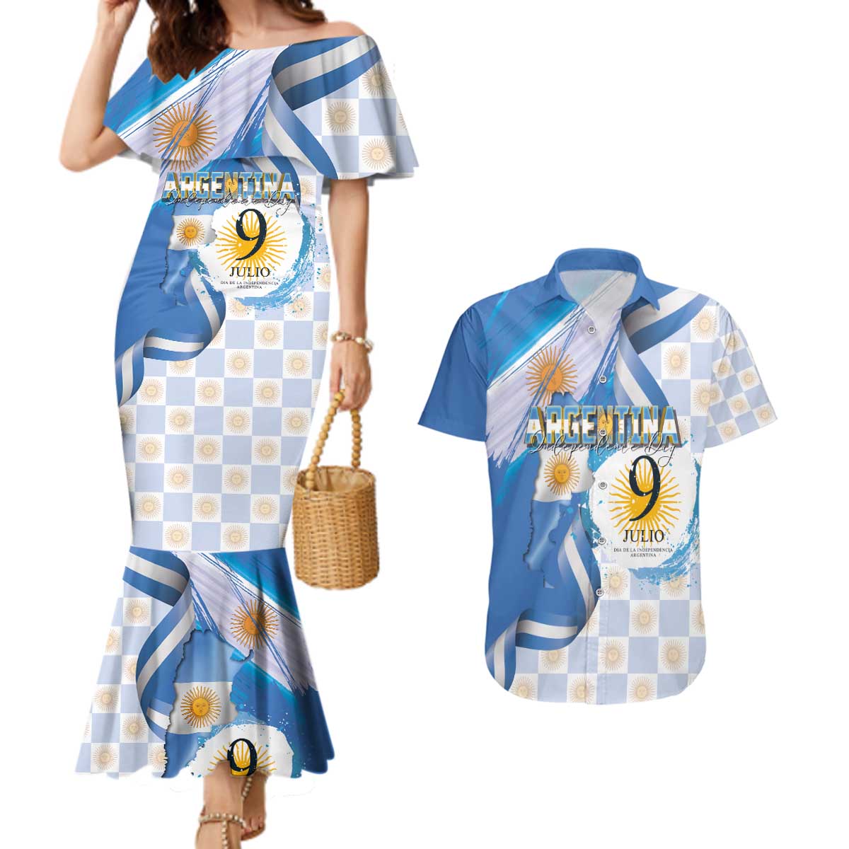 Argentina Independence Day Couples Matching Mermaid Dress and Hawaiian Shirt - Día de la Independencia Brush and Grunge Style