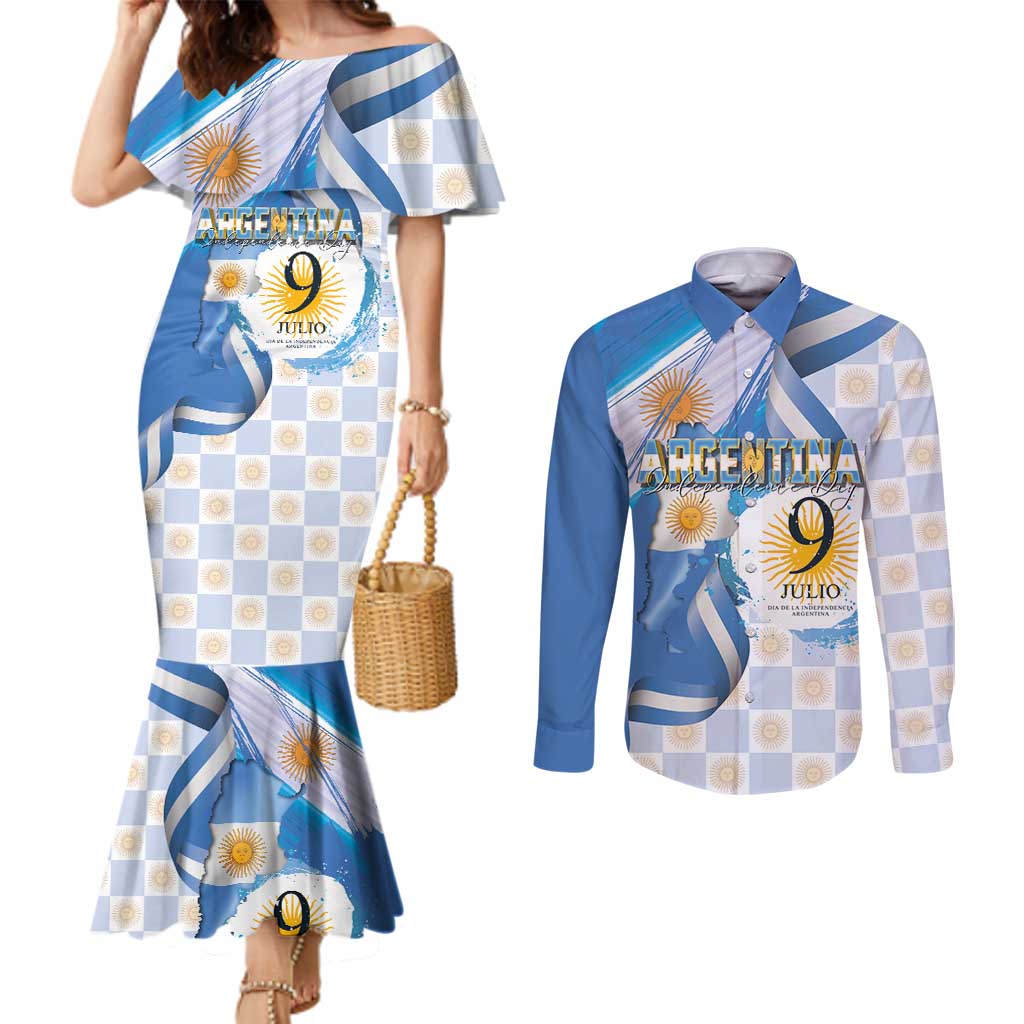 Argentina Independence Day Couples Matching Mermaid Dress and Long Sleeve Button Shirt - Día de la Independencia Brush and Grunge Style