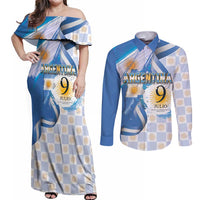 Argentina Independence Day Couples Matching Off Shoulder Maxi Dress and Long Sleeve Button Shirt - Día de la Independencia Brush and Grunge Style