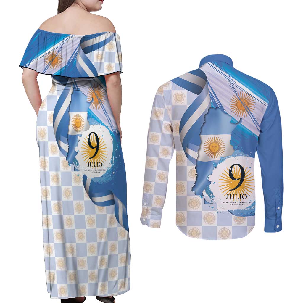 Argentina Independence Day Couples Matching Off Shoulder Maxi Dress and Long Sleeve Button Shirt - Día de la Independencia Brush and Grunge Style