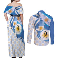 Argentina Independence Day Couples Matching Off Shoulder Maxi Dress and Long Sleeve Button Shirt - Día de la Independencia Brush and Grunge Style